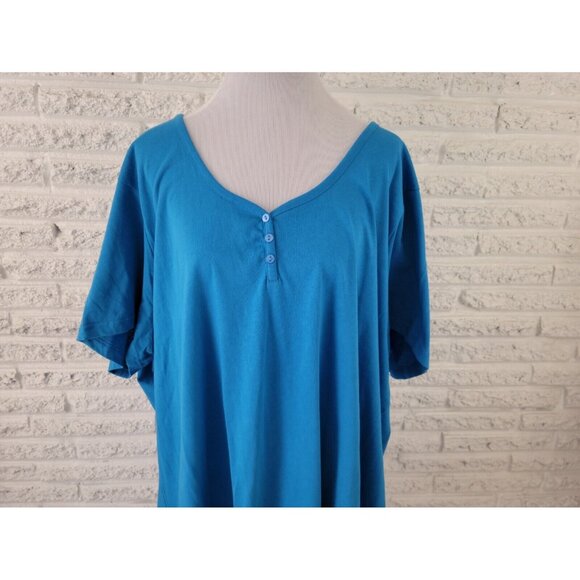 Roamans Women Top 4X Plus Short Sleeve Pullover Blue Cotton Deco Buttons BLU136E - Picture 3 of 7